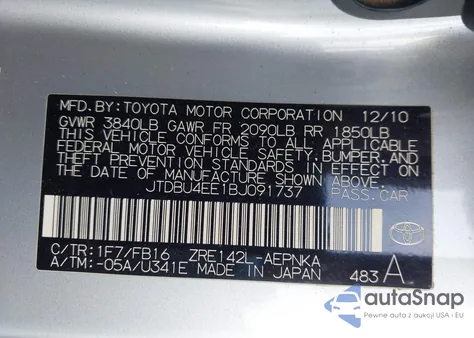 2011 Toyota Corolla Le из США, поврежденный, VIN JTDBU4EE1BJ091737